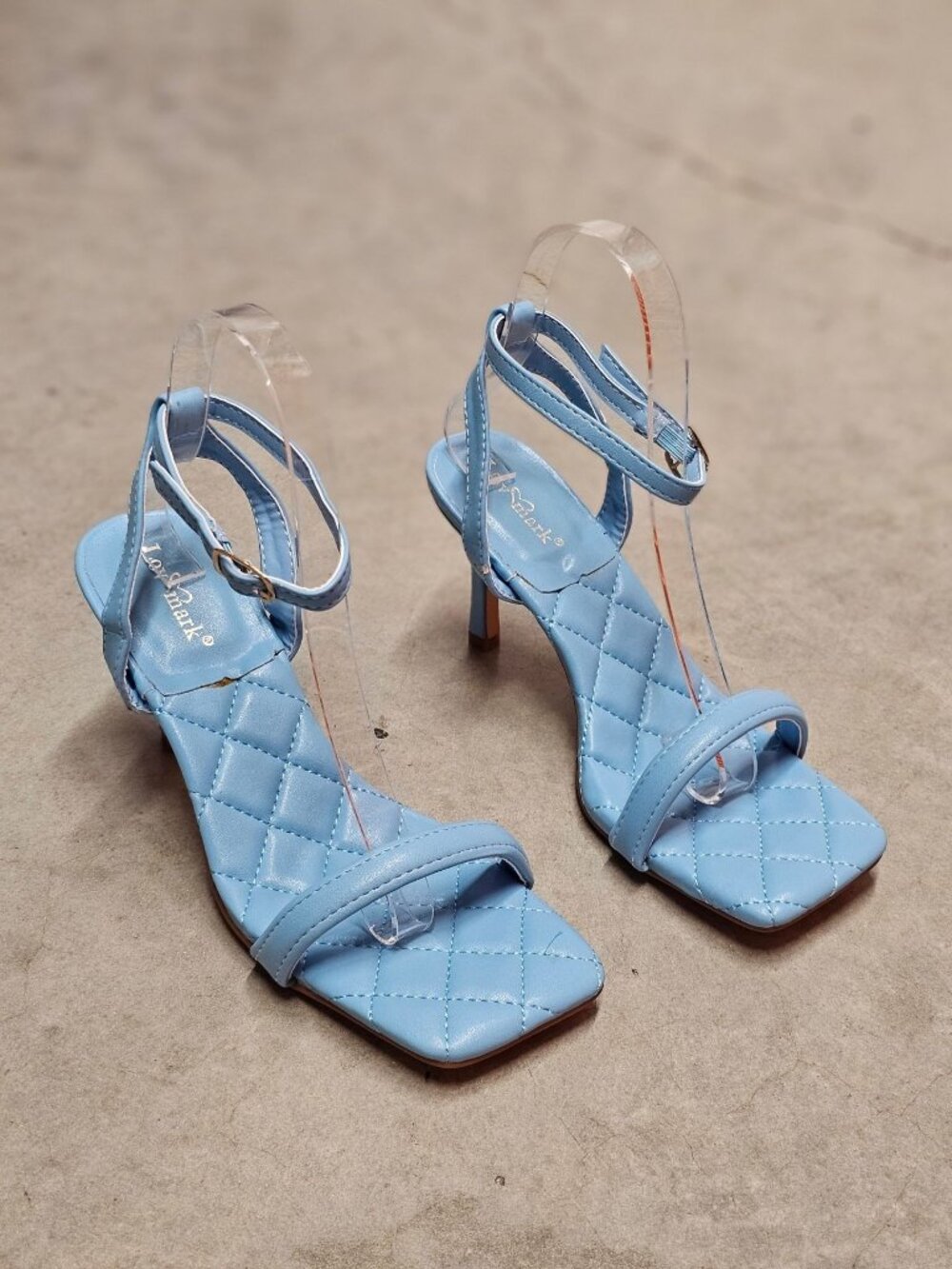 Quilted Sky Blue Heeled Sandals With Adjustable Strap & Square Toe Design For Wo
